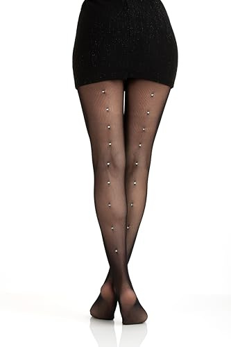 Gi&Gi Collant in Pizzo Floreale con Strass, Calze a Rete calze donna fantasia Design Elegante a Righe Verticali, Nero (IT, Testo, S, M, Regular, Regular, NERO CON BRILLANTINI POSTERIORI)