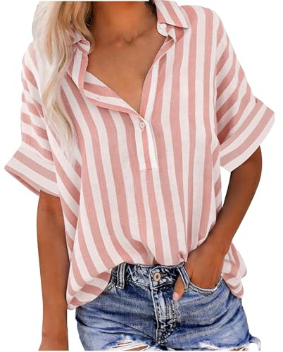 Chemise Femme Blouse Été Pull Col V Classique Crop Top Boutonnée Rayée T-Shirts à Manches Courtes Respirant Vetement Décontracté Haut Femme Tee Shirt Manche Courte Tailles S à XXL