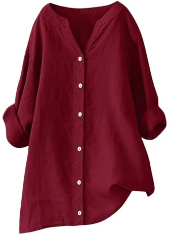 Muslin blus lång, sommarblus damer lång linneblus lös linneblus, vin, 3XL