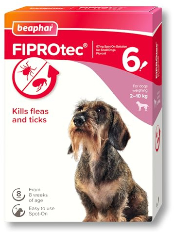 Beaphar - FIPROtec Spot-On Flea & Tick Treatment for Small Dogs 2-10kg - 6 Pipettes - Kills Fleas & Ticks – Veterinary Medicine - Easy to Apply Monthly - Suitable for Dogs & Puppies from 8 Weeks