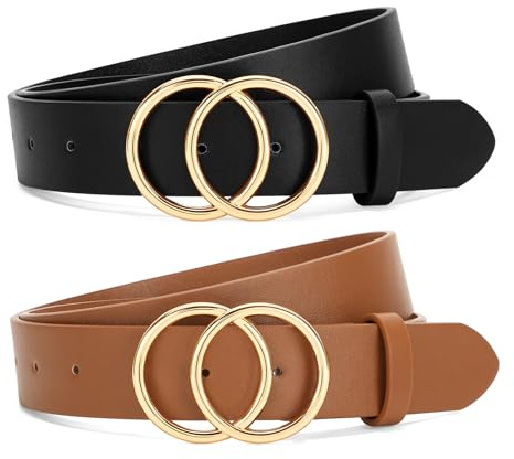 SANSTHS 2 Pack Women Leather Belts Faux Leather Jeans Belt with Double O Ring Buckle Black Brown M