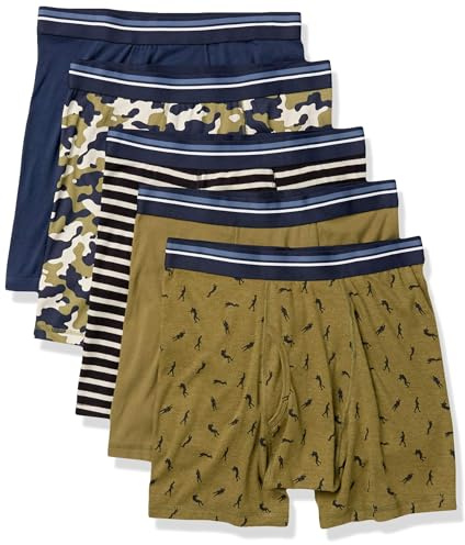 Amazon Essentials Lot de 5 caleçons Boxeurs pour Homme en Coton Confortable, sans étiquette, Noir à Rayures Blanches, Camouflage, Bleu foncé/Vert Militaire/Guerrier, Taille L