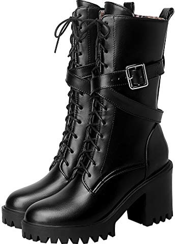 Parisuit Women's Chunky High Heel Lace Up Mid Calf Boots Goth Buckle Platform Combat Boots Punk Zip Up Booties-black size 7