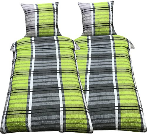Leonado Vicenti Bettwäsche 4teilig Seersucker 155x220 cm Grün Grau Gestreift Schlafzimmer Set mit Reißverschluss