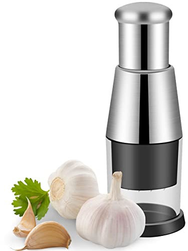 Stainless Steel Garlic Press Crusher - Manual Handheld Push Type Grinder - Labor Saving Easy to Squeeze Kitchen Food Gadget for Ginger, Chili, Onion, Salad