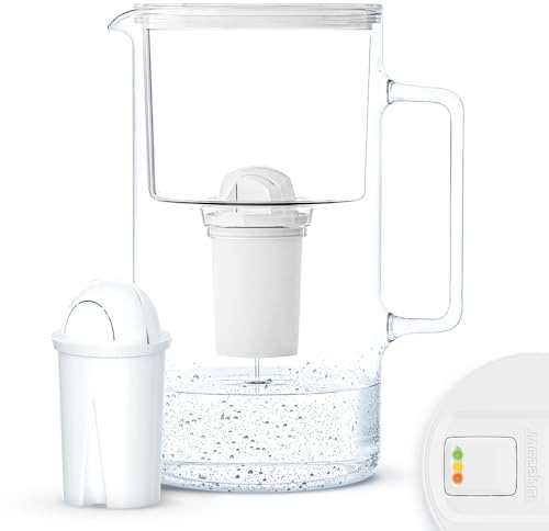 Wessper Wasserfilterkanne aus Glas 3L mit Manuelle Filterverschleißanzeige | Ersatz für Aquaphor Standard, Brita Classic, Dafi Classic Filterkartusche | Inklusive Wasserfilterkanne + 1 Kartusche, Weiß