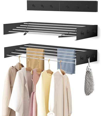 WELTRXE Wall Mounted Clothes Drying Rack, Collapsible Laundry Clothes Airer with 6 Hooks, Foldable Towel Rack, 80cm 5-Rod Retractable Metal Washing Line for Indoor Outdoor, Drying Space Saver, Black