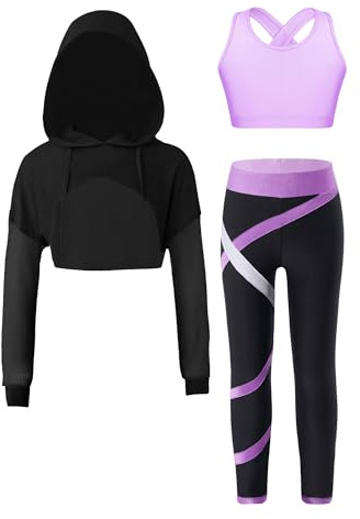 inhzoy barn flickor träningsoverall 3-delad träningsset sport outfit sport leggings bh och huvtröja jazz dans hip hop danskläder