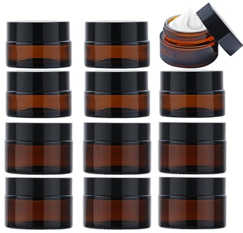 6 Pcs 20ml+6 Pcs 30ml Amber Glass Jars, Empty Cosmetic Jars with Lids, Empty Glass Pots Face Cream Lotion Storage Jar for Make Up, Sample, Travel Use