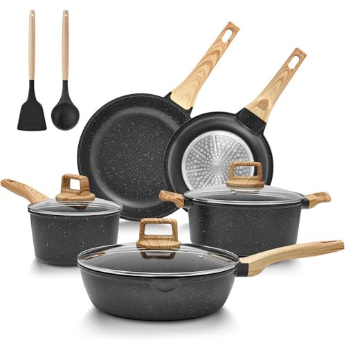 BLAZANT Induktions Töpfe Set, 10-teiliges Granit Kochtopf Set, Antihaft Pfannen Set mit Deckel, Aluminium Töpfe und Pfannen Set für Alle Herdarten, Ofenfest, PFAS-frei