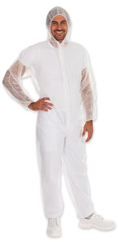 FRANZ MENSCH 50 Stück Hygonorm Overalls Light mit Kapuze | PP, weiß, L, Karton, Einweg Overall, Hygienebekleidung, Schutzanzug