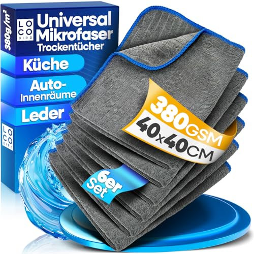 Loco Bird saugstarke Microfasertücher in 380GSM - fusselfreie Mikrofasertücher Auto & Haushalt - Putztücher für Küche und Bad - Lappen - Putzlappen, Reinigungstücher, Tücher, Microfasertuch Autopflege