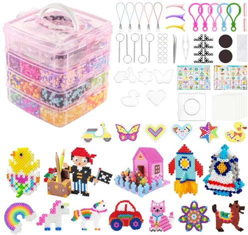 adorbox Fuse Beads Kit, Iron Beads with 4-Tier Pink Transparent Storage Box, 36 Colors Melty Bead Set with 6 Pegboards and Ironing Paper