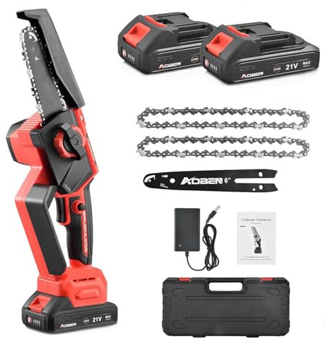 Mini Motosierra 6 Pulgadas, Motosierra sin Cable con 2 Baterías de 2.0Ah y Cargador, Sierra Portátil para Podar Madera con 3 Cadenas y Barra Guía, Recargable, para Cortar Madera