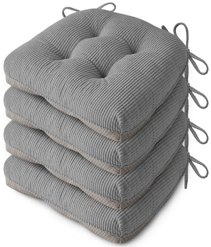 FlyGulls Seat Cushions for Dining Chairs Set of 4, 46X42X8cm, Grey | Elegant Breathable Textured Fabric, with Ties, Tufted, Thick Polyester Filling, for Folding Chairs, Kitchen, Office