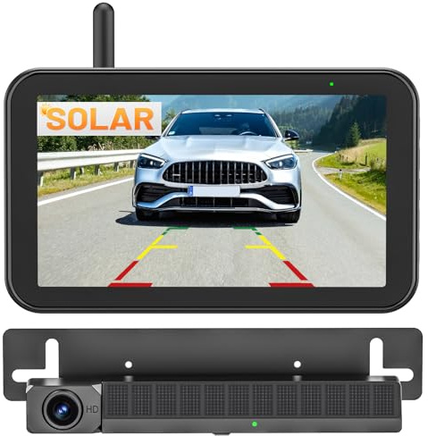 Solar Rückfahrkamera Kabellos, 5 Digital Rückfahrkamera Set 1080P Monitor, mit eingebautem Funksender, Wireless Einparkhilfe, IP66 Wasserdicht Rückfahrkameras für Auto, LKW, Van, SUV, Wohnmobil