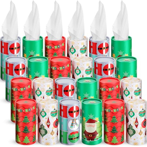 Yexiya 24 Stück Weihnachtstücherhalter für das Auto mit Gesichtstüchern, Großpackung für Weihnachten, Zylinder, Auto-Tücherboxen, runde Röhre, Gesichtshandtuch, Urlaubsservietten, Box für Reisen und