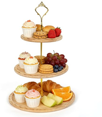 3 Tier Cake Stand, Wooden Afternoon Tea Stands Tiered Cupcake Stand for Dessert Display Wedding Birthday Party Baby Shower (Round, 3 Tier Cupcake Stand)