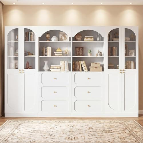 Cyclysio 80 Tall Bookcase System with 6 Drawers, Arched Bookshelf with 6-Tier Open Shelves, Wooden Pantry Storage Organizer Cabinets with 4 Glass Doors for Living Room, Kitchen, Bathroom