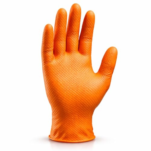 MEDIKA69 MEGAGRIP gants Nitile,extra forts + DE 8 Grammes, 2x plus épais, Gant ORANGE nitrile structure 3D, Gants mecanicien extra-résistants, 50 pcs/boîte M, L, XL, XXL (50, ORANGE, L)