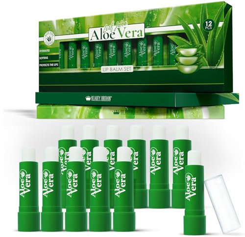 Set mit 12 Aloe Vera Lippenbalsamen, Feuchtigkeitspflege, Unisex, Bienenwachs, Vitamin E, Omega-3