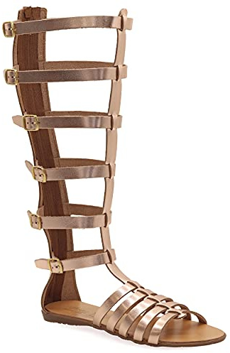 37 Or rose Emmanuela Anciens Sandales en cuir Gladiateurs à la main en cuir, genou haut avec fermeture à glissière arrière sur la tige, chaussures d'été à plat avec des bretelles pour femmes