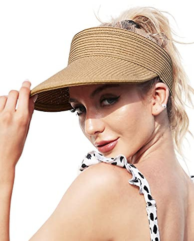 Wmcaps Strohhut Damen mit großer Krempe Faltbar Visor Cap Sonnenhut für Sommer Sonnenschutz Sport Strand Hut Sommerkappe für Strand Golf (Khaki)