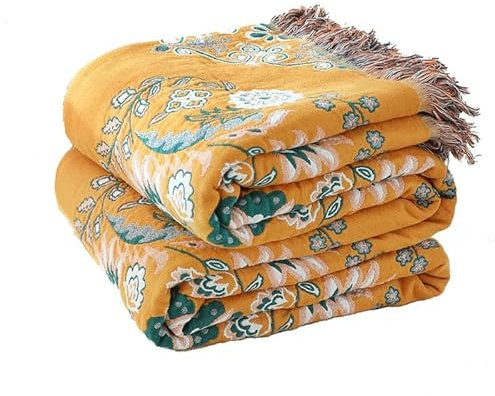 HOORDRY Tagesdecke 200x230cm Baumwolle Wendedecke Kuscheldeck,Doppelseitig Boho Decke Gelb & Grün mit Fransen,bettüberwurf Superweiches Baumwollmaterial für Fernsehen oder Nap auf dem Stuhl