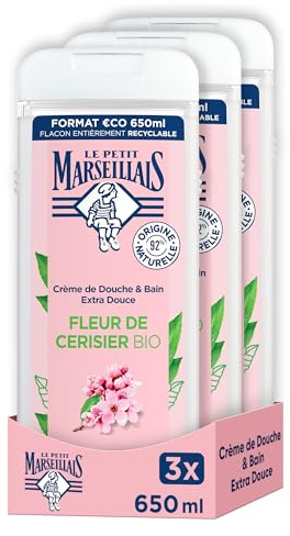 Le Petit Marseillais|Crème de Douche & Bain Extra Douce Fleur de Cerisier Bio (lot de 3 flacons de 650 ml)–Gel douche avec 92% d'ingrédients d'origine naturelle–pH neutre pour la peau et sans colorant