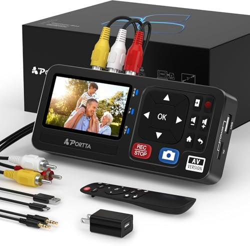 PORTTA VHS to Digital Convertidor, VHS a Digital Grabador con Remote, RCA to HDMI Converter Compatible con VHS, VCR, DVR, DVD, Hi8, Mini DV, Camcorder, Cassette Tape, Gaming Consoles