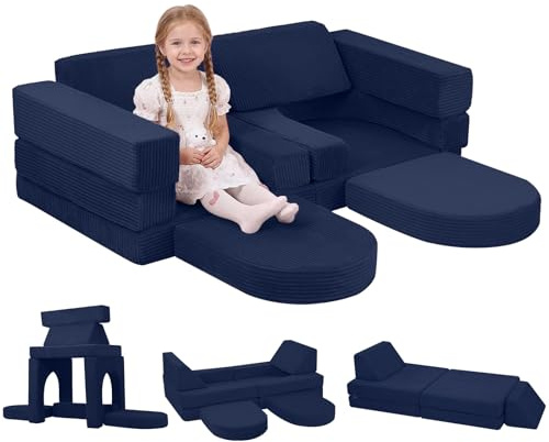 MeMoreCool Fancy - Divano da gioco per bambini in corda, 10 pezzi, modulare per la stanza dei giochi, gruppo di seggiolini trasformabili, in gommapiuma, per cameretta dei bambini, colore: blu
