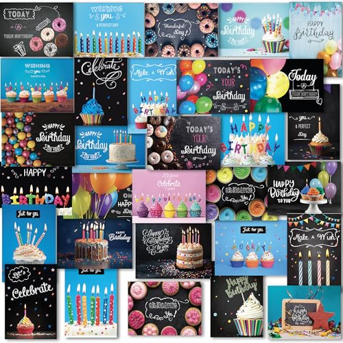 120 Birthday Cards Bulk- Happy Birthday Cards with Envelpoes,30 Unique Blackboard Designs, Large 5x7 Inches, Includes Kraft and White Envelopes – Assorted Birthday Cards for Business & Personal Use