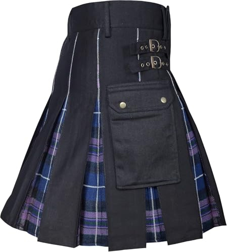 Idopy Jupe plissée pour homme avec poches utilitaires et bretelles en cuir réglables - Motif tartan écossais, violet, XL