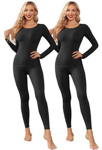 Ekouaer 2-pack termounderkläder, damer, vinter, topp och underdelar, skidunderkläder, varma termounderkläder, set, elastisk, termoundertröja, andas, S–XXL, Svart svart, L