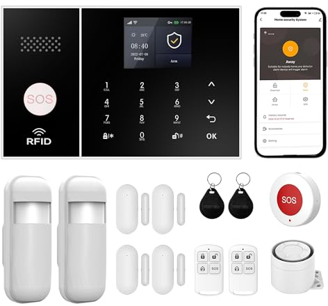 XUK Système d’Alarme sans Fil 4G/GSM/WiFi pour Maison/Appartement,Alarme Sécurité Intelligente avec Capteurs Porte/Fenêtre, Détecteur Mouvement PIR, Compatible Alexa/Google Home, Installation Facile