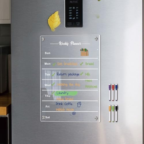 Calendario magnético acrílico para refrigerador con marcadores transparentes y borrables, diseñado para planificar claramente las actividades semanales