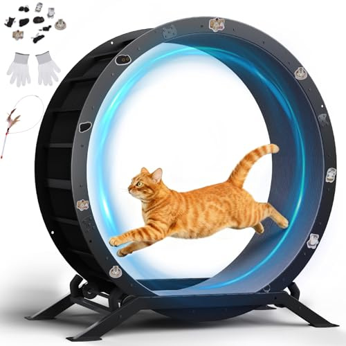 GTPLAYER Cat Wheels, Large Cat Exercise Wheel for Indoor Cats, 40Diameter cat treadmill Detachable Carpet & Teaser, stickers, Ultra-quiet scroll wheel With latch, Suitable for Most Cats, Metal, Black