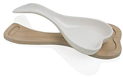 BRANDANI 54613 Porta Mestolo Cuore Porcellana con Supporto Bambù Naturale, Multicolore