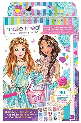 Make It Real Fashion Design Sketchbook Kit for Girls - Blooming Creativity Set with Stencils, Puffy Stickers, Design Guide - Unleash Fashion Talent, Develop Skills, for Kids Ages 6