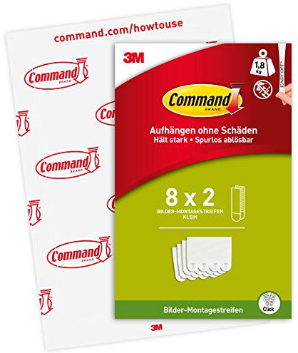 Command Klebestreifen, Packung 8x2 Klein (16 Strips), Weiß - Bilder Aufhängen ohne Bohren, Streifen halten bis zu 2 kg, Rückstandsfreies Ablösen