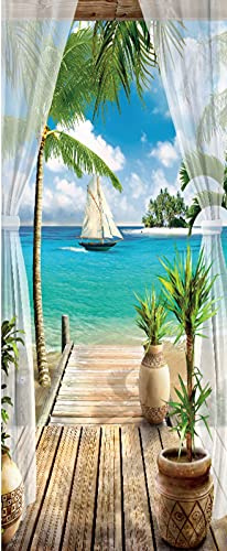 A.Monamour Adesivo Porta Autoadesiva Vista Mare Tropicale dalla Finestra Vinile PVC Adesivi per Porte Interne 3D Pellicola Adesiva Poster Sticker Murale Parete Carta da Parati