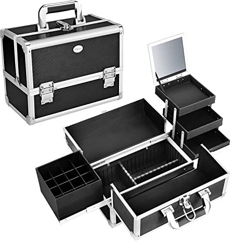 Kosmetikkoffer Groß Schminkkoffer Leer Make up Koffer mit Spiegel Nagelkoffer Abschließbare Beauty Case Alu Nageldesign Koffer,schwarz