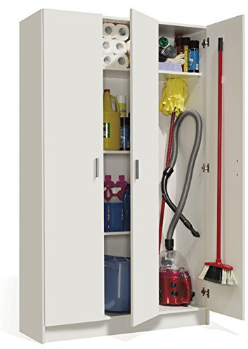 JUANIO Armario Escobero Multiusos con 3 Puertas con Acabado en Color Blanco Mate - Dim: 109 cm (Ancho) x 180 cm (Alto) x 37 cm (Fondo)