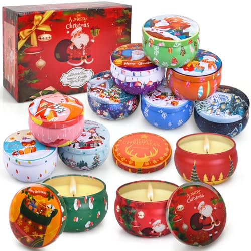 Christmas Scented Candles Gifts Set 12 Pack, Natural Soy Wax Xmas Tin Jar Aromatherapy Candles
