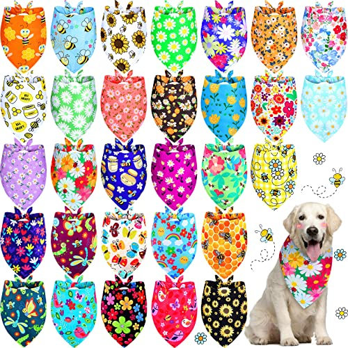 Eccliy 30 Pack Spring Dog Bandanas Bulk Flower Dog Scarfs Summer Head Wrap Soft Triangle Polyester Bandana Pet Costume Cute Bibs with Flowers Patterns for Female Male Small Medium Large