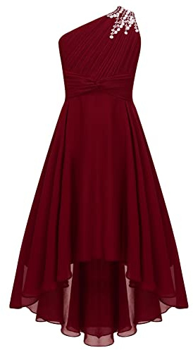 CHICTRY Kids Girls Sequin One Shoulder Formal Party Dance Gown High-Low Chiffon Proms Dresses Burgundy 11-12 Years