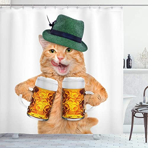 Duschvorhang 200x200 Lustige Katze, Duschvorhänge Antischimmel 3D Bier, Shower Curtains Wasserdicht Waschbar, Duschrollo für Badewanne Dusche Badezimmer, mit 12 Ringe
