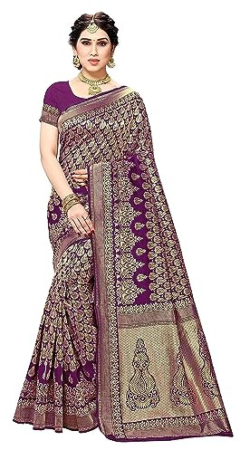 Yashika Banarasi Kanjivaram de moda para mujer, color azul marino, sari de seda con material de blusa, Morado, talla única
