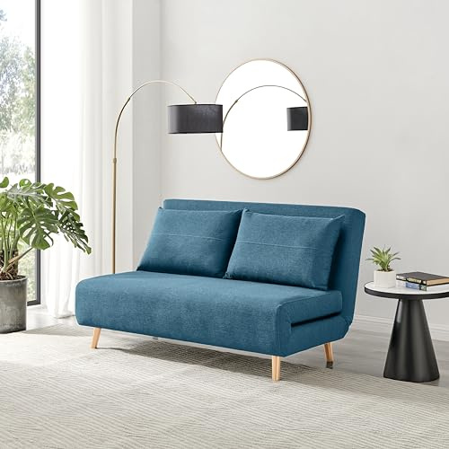 Furniturebox UK Sofa Bed - 'Bobby' Blue Fabric 2 Seat Sofa Unfolds Into Single - Compact Style Traditional Futon Inspiration - Fold Out Bed Guest Bed Living Room Bedroom Guest Furniture