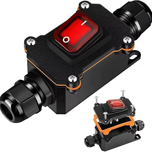 Switian 1 PCS Inline Cord Switch DPST 12V-24V 20A, IP65 Waterproof On-Off with Red Light Buttons, Two-Side Entry Exit Line, Outdoor Electrical Start Stop Toggle Switch(12, Volts)